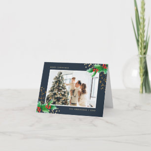 Blue Watercolor Holly Photo Merry Christmas Card