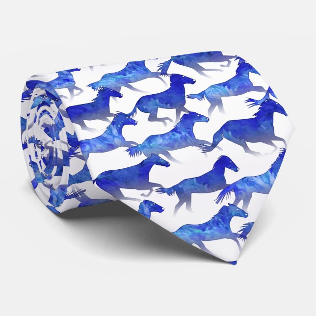 Blue Watercolor Horses Tie (Rolled)