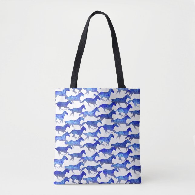 Blue Watercolor Horses Tote Bag (Front)