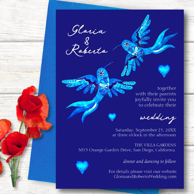 Blue Watercolor Hummingbirds Mexican Wedding  Invitation (Creator Uploaded)