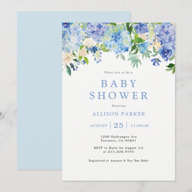 Blue Watercolor hydrangea Baby shower Invitation (Devant / Derrière)