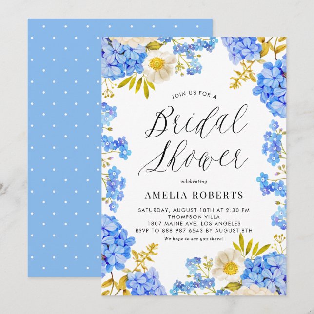 Blue Watercolor Hydrangea Floral Bridal Shower Invitation (Front/Back)