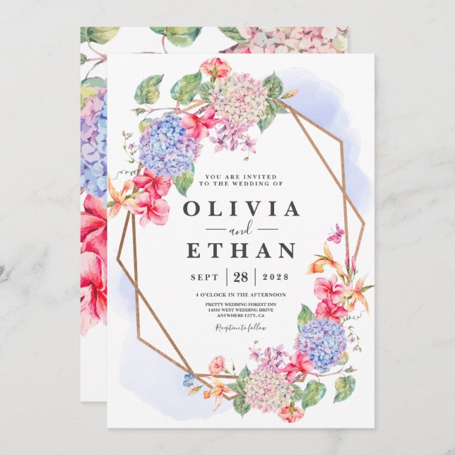 Blue Watercolor Hydrangea Floral wedding Invitation (Front/Back)