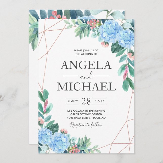 Blue Watercolor Hydrangea Floral wedding Invitation (Front/Back)