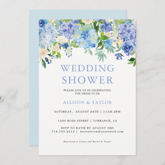 Blue Watercolor Hydrangea Wedding Shower Invitation (Front/Back)