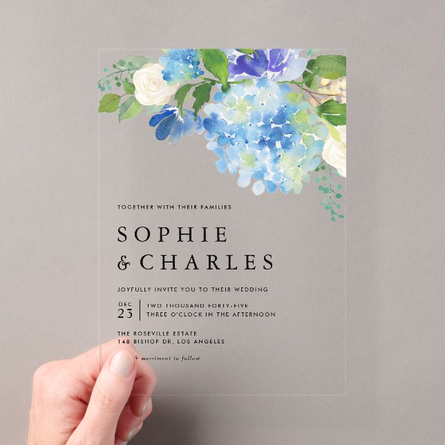 Blue Watercolor Hydrangea Winter Floral Wedding Acrylic Invitations (Insitu (Handheld))