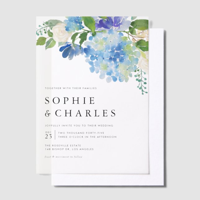 Blue Watercolor Hydrangea Winter Floral Wedding Vellum Invitations (Offset)