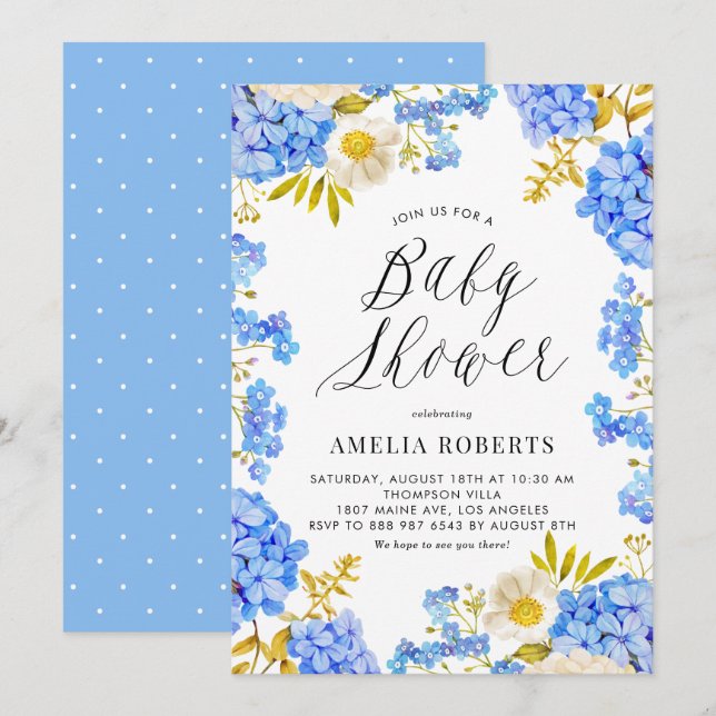 Blue Watercolor Hydrangeas Floral Baby Shower Invitation (Front/Back)