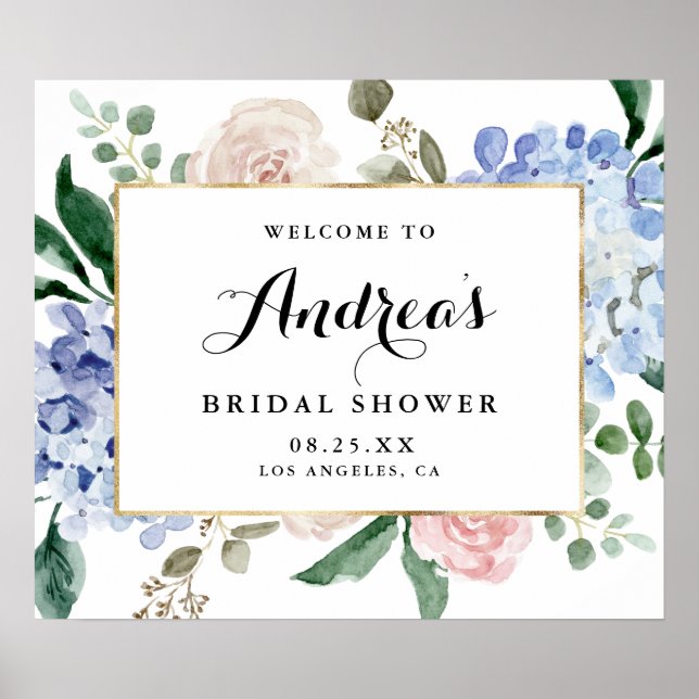 Blue Watercolor Hydrangeas Gold Foil Bridal Shower Poster (Front)