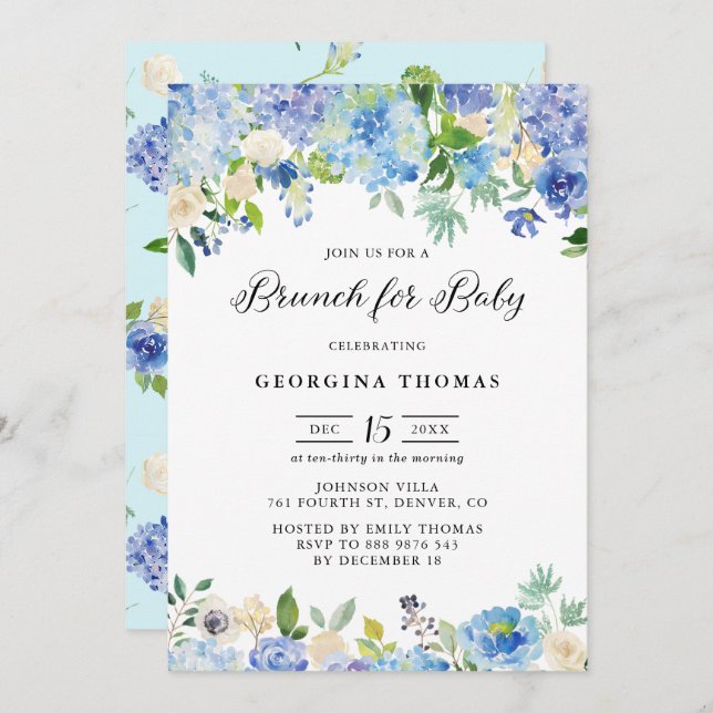 Blue Watercolor Hydrangeas & Roses Brunch for Baby Invitation (Front/Back)