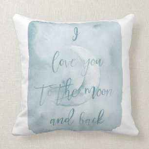 Blue Watercolor I love you to the moon and back Throw Pillow