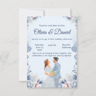 Blue Watercolor Illustration Wedding Invitation