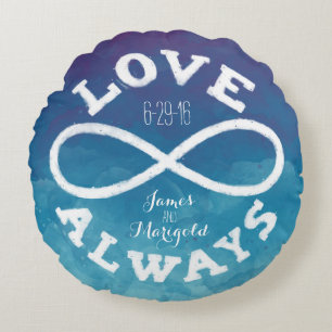 Blue Watercolor Infinity Love Wedding Date, Names Round Pillow