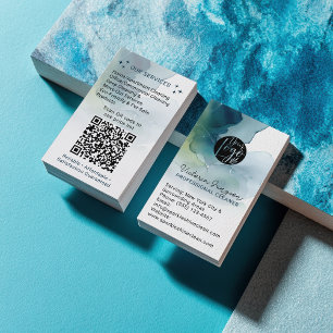 Blue Watercolor Ink Cleaning Service Maid QR Code Business Card
