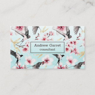 Blue Watercolor Japanese Swallow Cherry Blossom Business Card