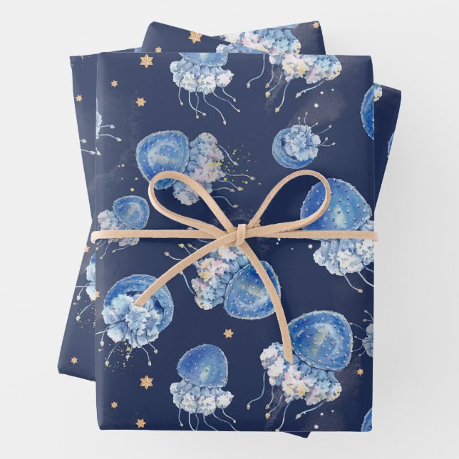 Blue Watercolor Jellyfish  Wrapping Paper Sheet (In situ)