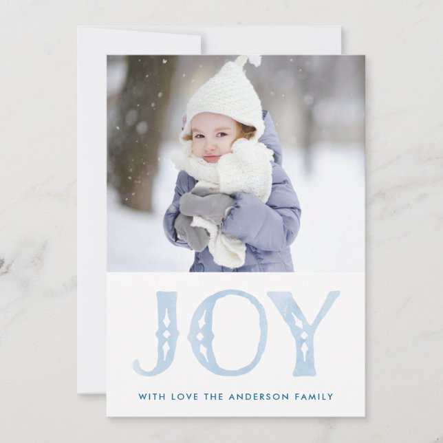 Blue Watercolor JOY Holiday Christmas Photo Card (Front)