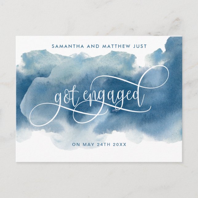 Blue Watercolor, Just Got Engaged, Engagement Announcement Postcard (Front)