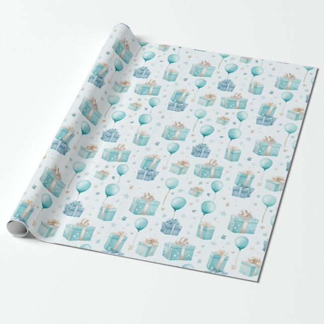 Blue Watercolor Kids Boys Birthday Party Cute  Wrapping Paper (Unrolled)