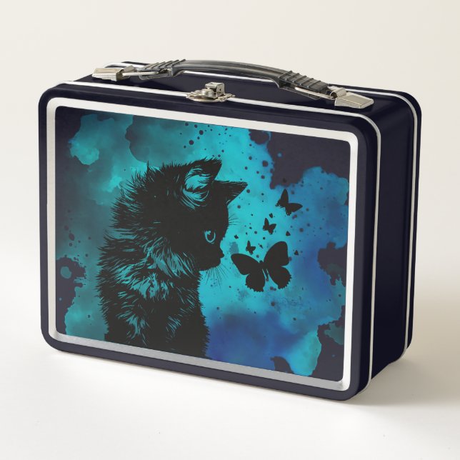 Blue watercolor Kitten with Butterfly Metal Lunch Box (Front)