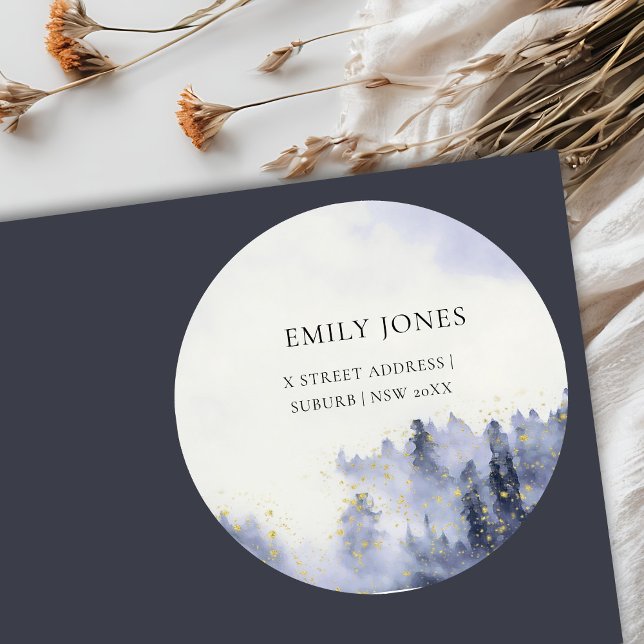 BLUE WATERCOLOR LANDSCAPE TREE FOLIAGE ADDRESS CLASSIC ROUND STICKER (Creator Uploaded)