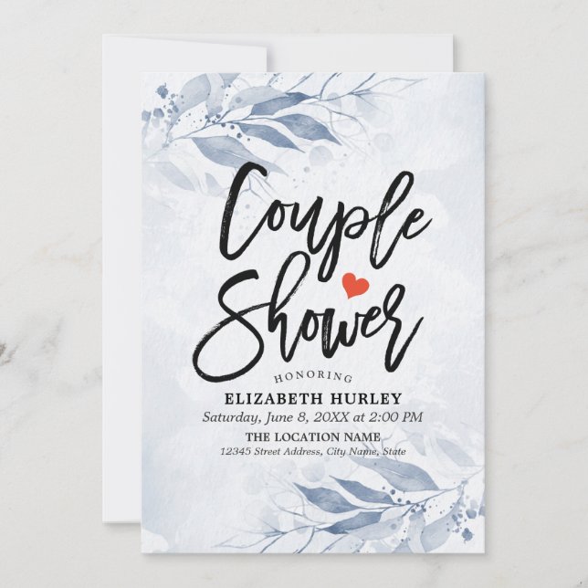 Blue Watercolor Leaf Couple Shower Wedding Shower Invitation (Front)