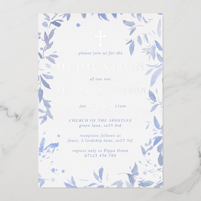 Blue Watercolor Leaves Baby Dedication & Baptism (Front)