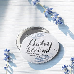 Blue Watercolor Leaves Baby Shower Baby in Bloom 3 Inch Round Button