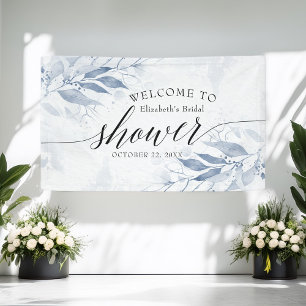 Blue Watercolor Leaves Chic Bridal Shower Welcome Banner