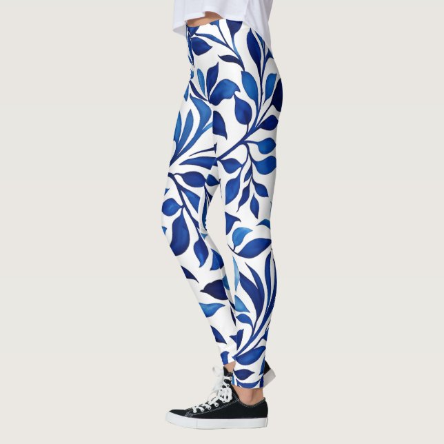 Blue Watercolor Leaves Leggings - Yoga Pants Women (Left)
