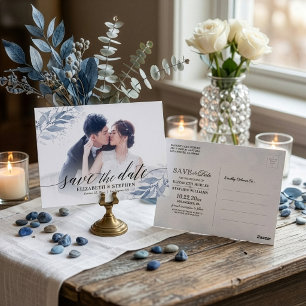 Blue Watercolor Leaves Wedding Save Date Photo Postcard