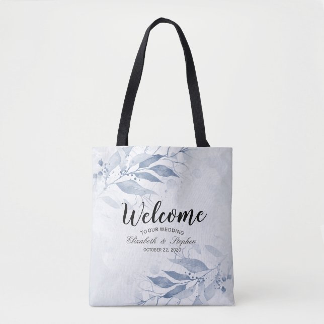Blue Watercolor Leaves Wedding Welcome Gift Bags (Front)