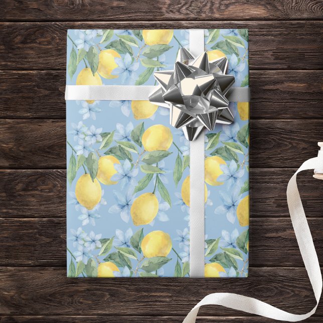 Blue Watercolor Lemon and Flowers Wrapping Paper (Lemon and Blue Floral Watercolor Wrapping Paper. Great for a main squeeze party or lemon baby shower)