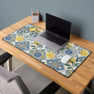 Blue Watercolor Lemon Desk Mat