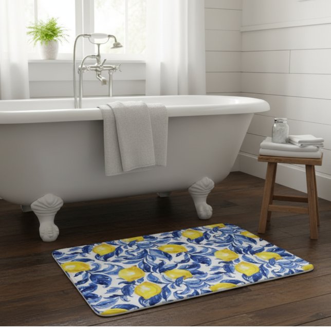 Blue Watercolor Lemon Pattern  Bath Mat (Creator Uploaded)