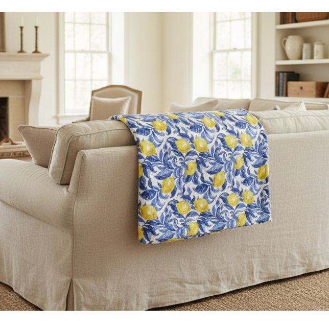 Blue Watercolor Lemon Pattern  Fleece Blanket (Creator Uploaded)