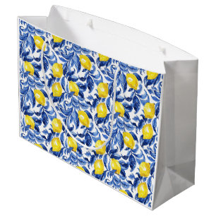Blue Watercolor Lemon Pattern  Large Gift Bag