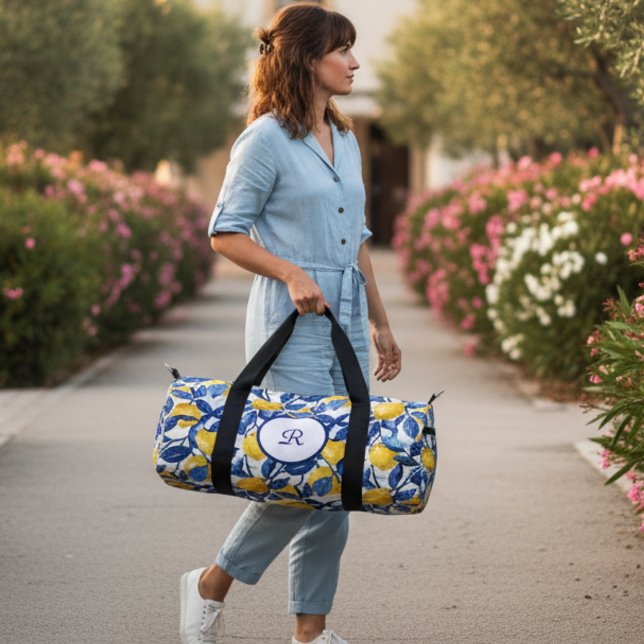 Blue Watercolor Lemon Pattern Monogram Duffle Bag (Creator Uploaded)