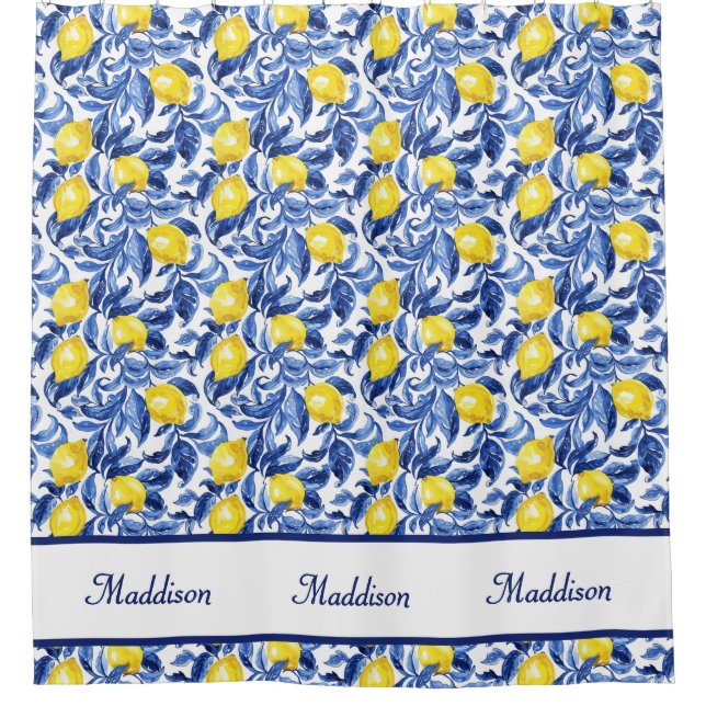 Blue Watercolor Lemon Pattern Monogram Name (Front)