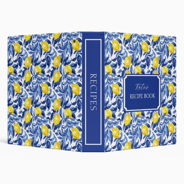 Blue Watercolor Lemon Pattern Monogram Name Binder (Background)