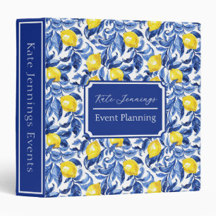 Blue Watercolor Lemon Pattern Monogram Name Binder