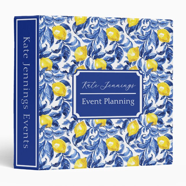 Blue Watercolor Lemon Pattern Monogram Name Binder (Front/Spine)