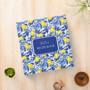 Blue Watercolor Lemon Pattern Monogram Name Binder