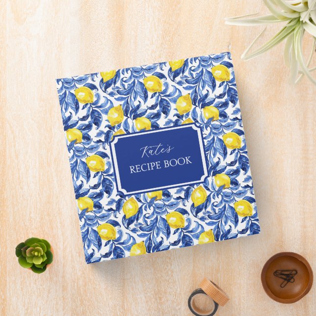 Blue Watercolor Lemon Pattern Monogram Name Binder (In Situ)