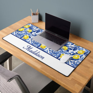 Blue Watercolor Lemon Pattern Monogram Name Desk Mat