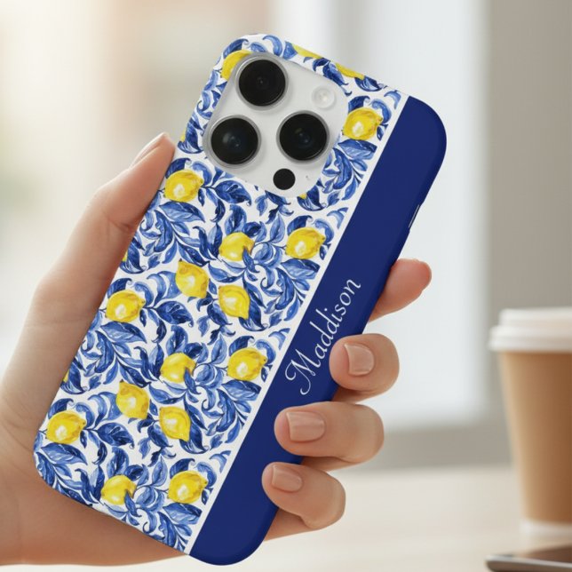 Blue Watercolor Lemon Pattern Monogram Name iPhone Case (Creator Uploaded)