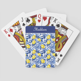 Blue Watercolor Lemon Pattern Monogram Playing Cards