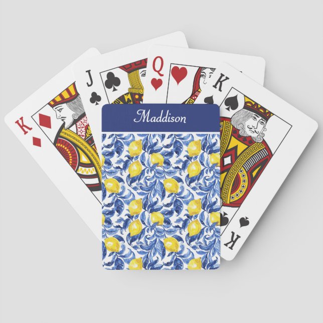 Blue Watercolor Lemon Pattern Monogram Playing Cards (Back)