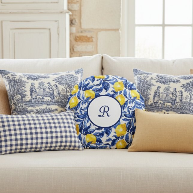 Blue Watercolor Lemon Pattern Monogram Round Pillow (Creator Uploaded)