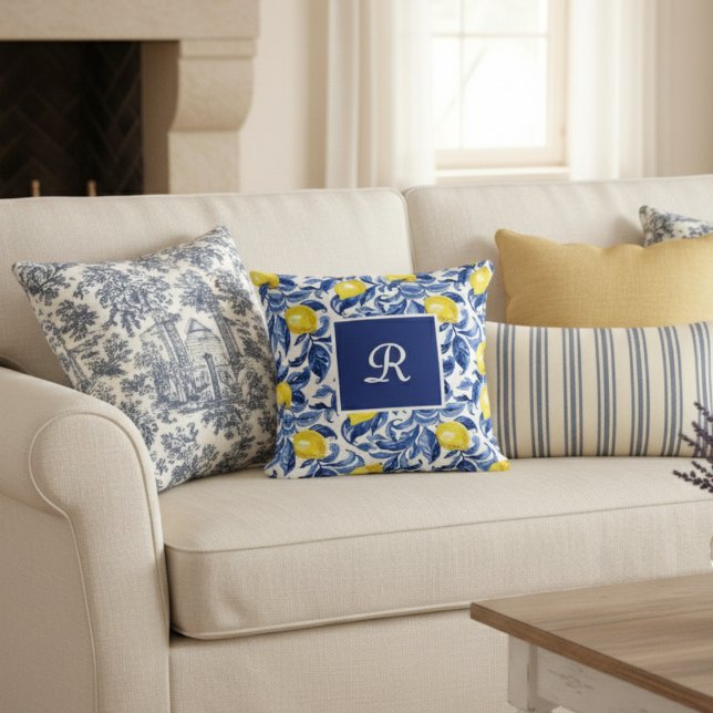 Blue Watercolor Lemon Pattern Monogram Throw Pillow (Creator Uploaded)